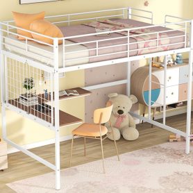 Metal Full Loft Bed With Desk And Metal Grid
