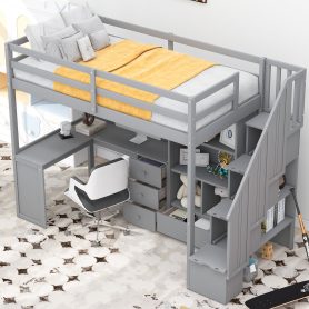 Twin Size Loft Bed With L-Shaped Desk And Drawers, Cabinet And Storage Staircase 21 Twin Size Loft Bed With L-Shaped Desk And Drawers, Cabinet And Storage Staircase