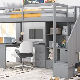 Twin Size Loft Bed With L-Shaped Desk And Drawers, Cabinet And Storage Staircase 23 Twin Size Loft Bed With L-Shaped Desk And Drawers, Cabinet And Storage Staircase