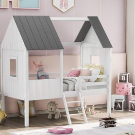 House Shape Twin Size Low Loft Bed With Two Side Windows