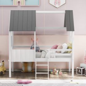 House Shape Twin Size Low Loft Bed With Two Side Windows