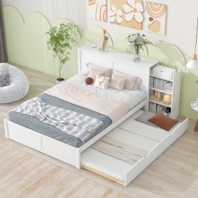 Queen Size Storage Platform Bed With Pull Out Shelves And Twin Size Trundle