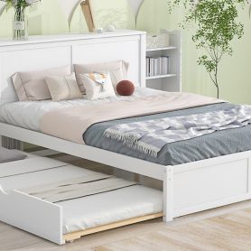 Queen Size Storage Platform Bed With Pull Out Shelves And Twin Size Trundle