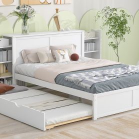Queen Size Storage Platform Bed With Pull Out Shelves And Twin Size Trundle
