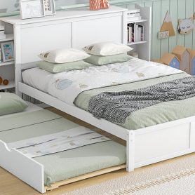 Full Size Storage Platform Bed With Pull Out Shelves And Twin Size Trundle