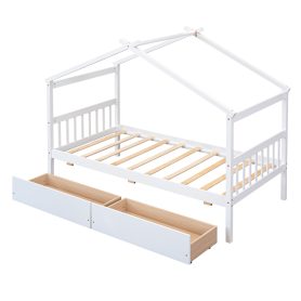 Wooden Twin Size House Bed With Drawers