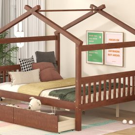 Wooden Full Size House Bed With Drawers