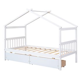 Wooden Twin Size House Bed With Drawers