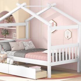 Wooden Twin Size House Bed With Drawers