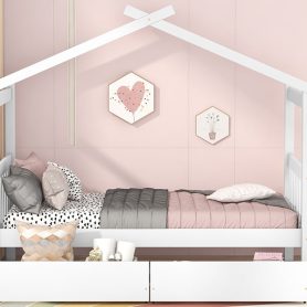 Wooden Twin Size House Bed With Drawers