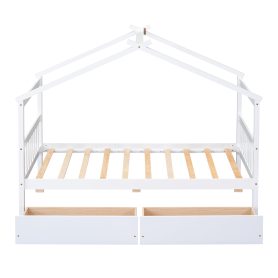 Wooden Twin Size House Bed With Drawers