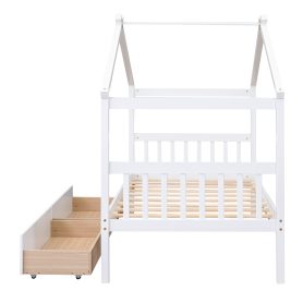 Wooden Twin Size House Bed With Drawers