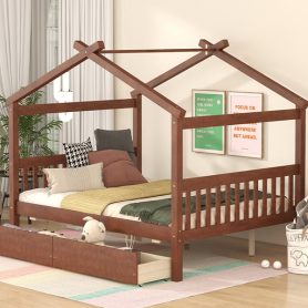Wooden Full Size House Bed With Drawers