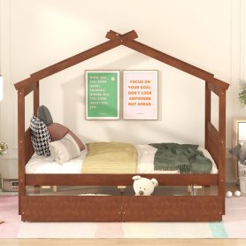 Wooden Full Size House Bed With Drawers