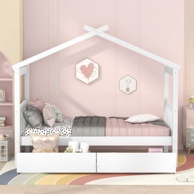 Wooden Twin Size House Bed With Drawers