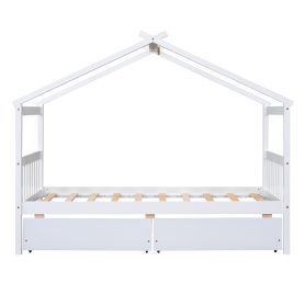 Wooden Twin Size House Bed With Drawers