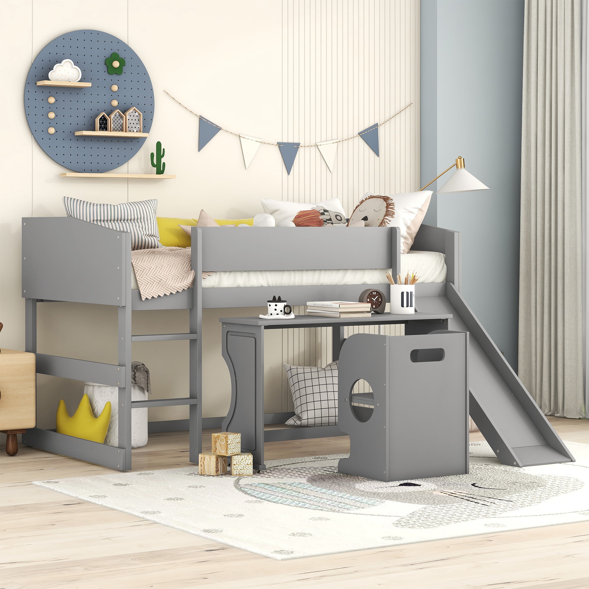 Low Study Twin Loft Bed with Rolling Portable Desk and Chair