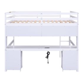 Full Size Loft Bed With Desk, Cabinets, Drawers And Bedside Tray, Charging Station