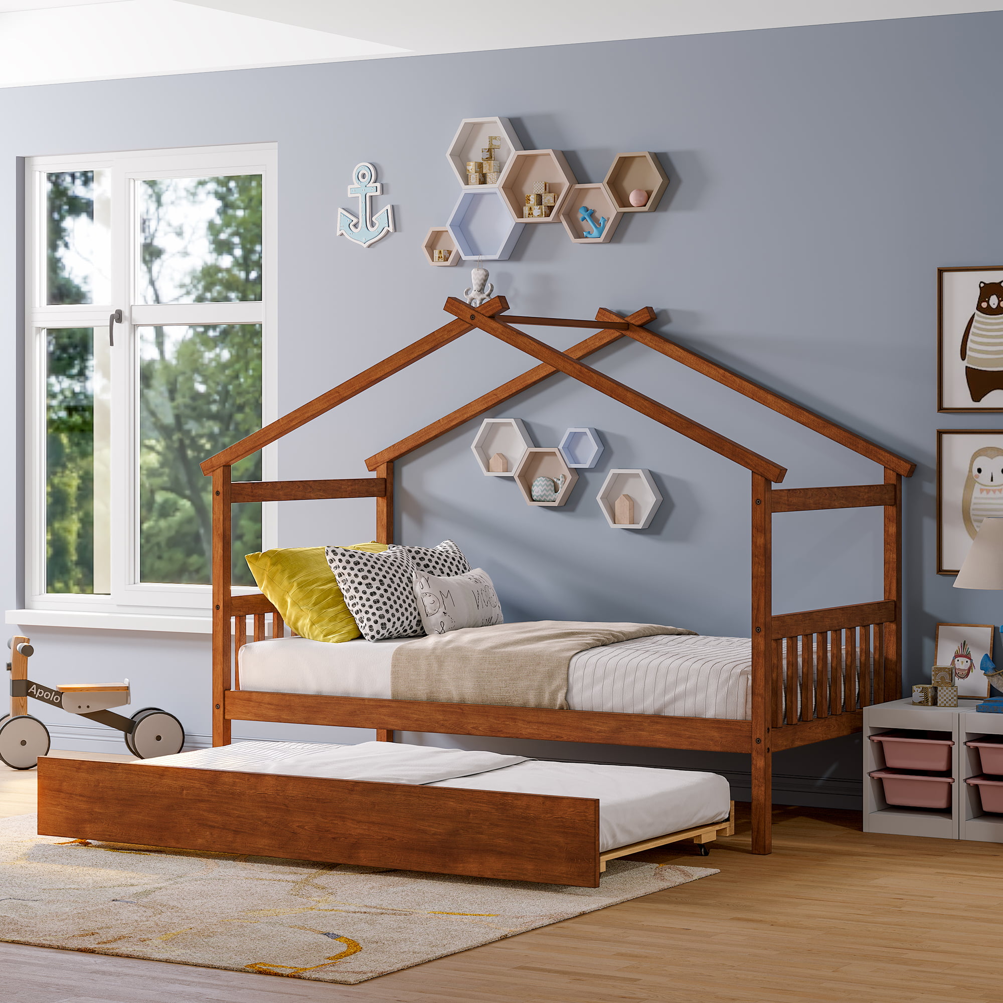 Twin Size Wood House Bed With Twin Size Trundle