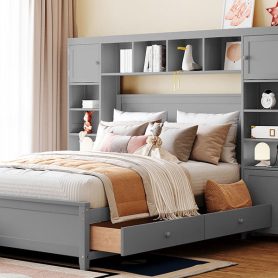 Full Size Wooden Bed With All-in-one Cabinet And Shelf