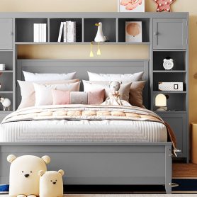 Full Size Wooden Bed With All-in-one Cabinet And Shelf