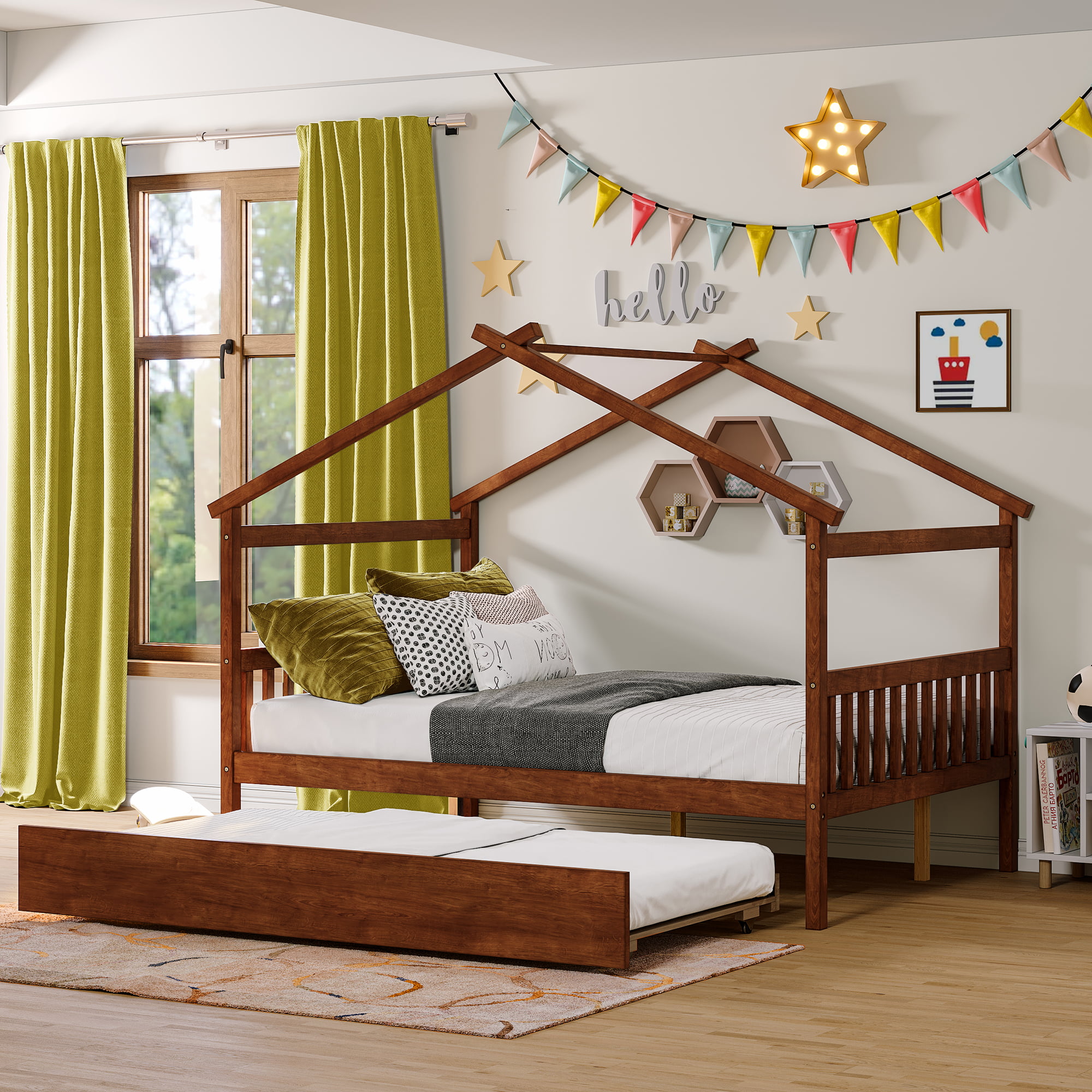 Full Size Wood House Bed With Twin Size Trundle