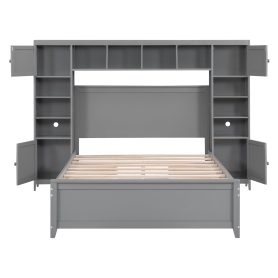 Full Size Wooden Bed With All-in-one Cabinet And Shelf
