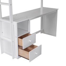 Wood Full Size Loft Bed With Wardrobes And 2-drawer Desk With Cabinet