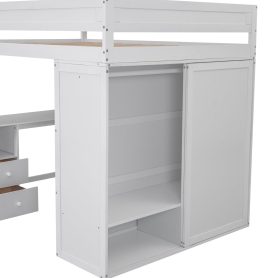 Wood Full Size Loft Bed With Wardrobes And 2-drawer Desk With Cabinet
