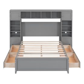 Full Size Wooden Bed With All-in-one Cabinet And Shelf