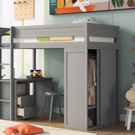 Wood Twin Size Loft Bed With Wardrobes And 2-drawer Desk With Cabinet 24 Wood Twin Size Loft Bed With Wardrobes And 2-drawer Desk With Cabinet