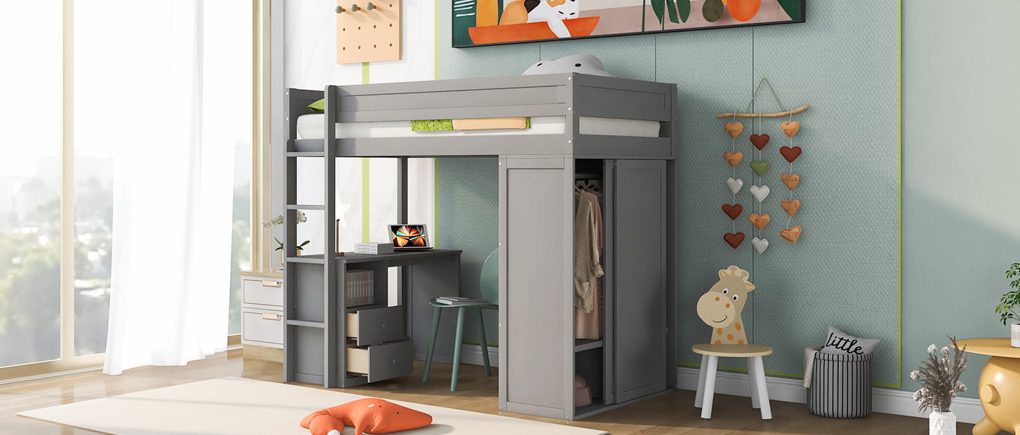 Wood Twin Size Loft Bed With Wardrobes And 2-drawer Desk With Cabinet 7 Wood Twin Size Loft Bed With Wardrobes And 2-drawer Desk With Cabinet