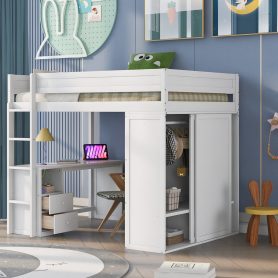 Wood Full Size Loft Bed With Wardrobes And 2-drawer Desk With Cabinet