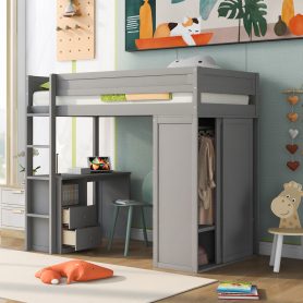Wood Twin Size Loft Bed With Wardrobes And 2-drawer Desk With Cabinet 23 Wood Twin Size Loft Bed With Wardrobes And 2-drawer Desk With Cabinet