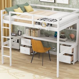 Full Size Loft Bed With Desk, Cabinets, Drawers And Bedside Tray, Charging Station