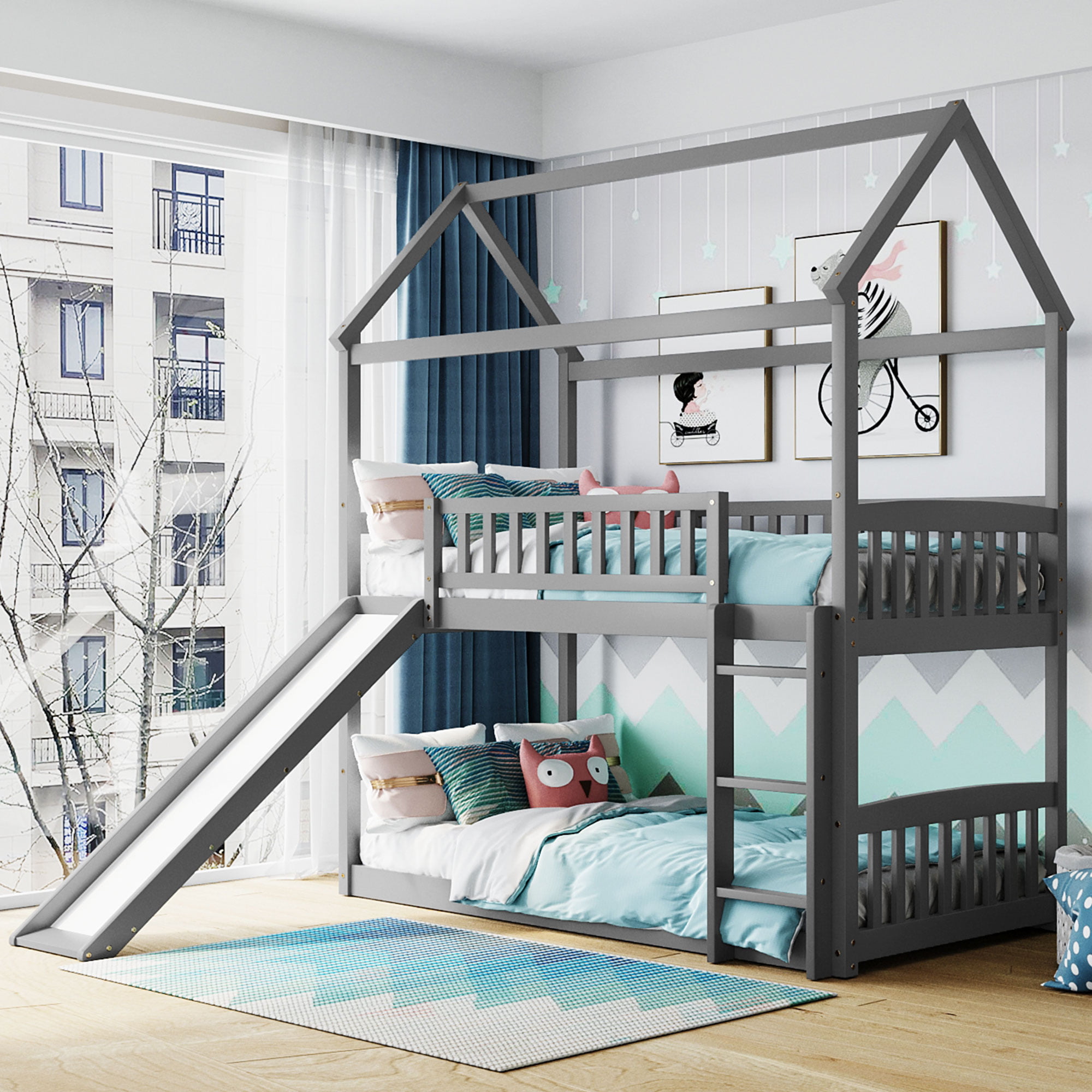 House Shaped Low Twin Over Twin Bunk Bed With Slide
