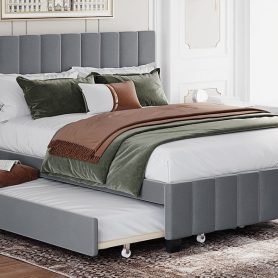 Queen Size Velvet Upholstered Platform Bed With 2 Drawers And 1 Twin Xl Trundle