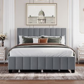 Queen Size Velvet Upholstered Platform Bed With 2 Drawers And 1 Twin Xl Trundle