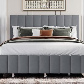 Queen Size Velvet Upholstered Platform Bed With 2 Drawers And 1 Twin Xl Trundle