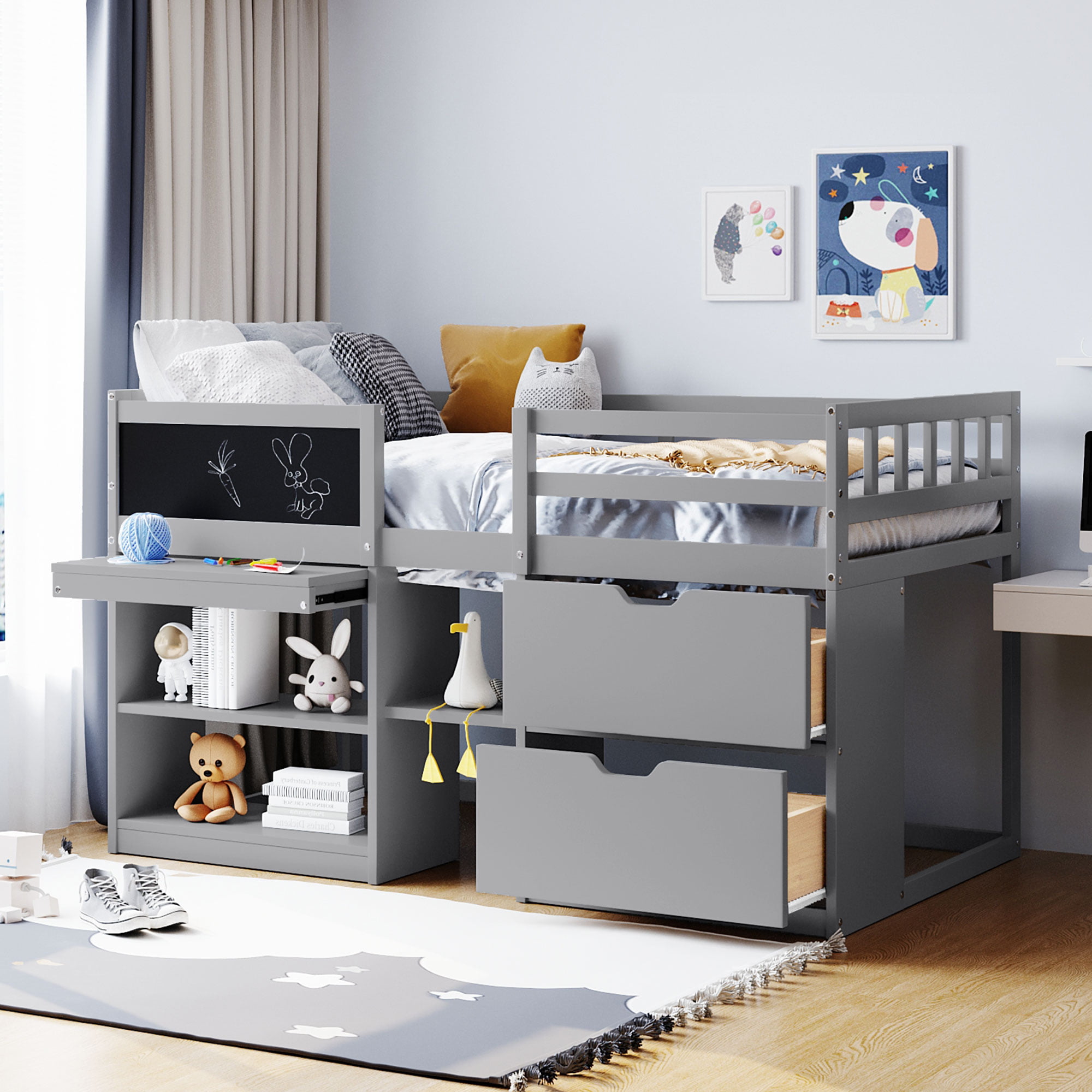 Twin Size Low Loft Bed With Rolling Desk, Shelf And Drawers