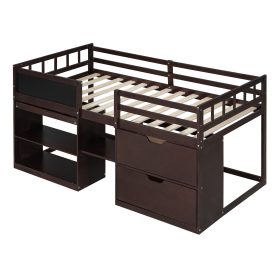 Twin Size Low Loft Bed With Rolling Desk, Shelf And Drawers