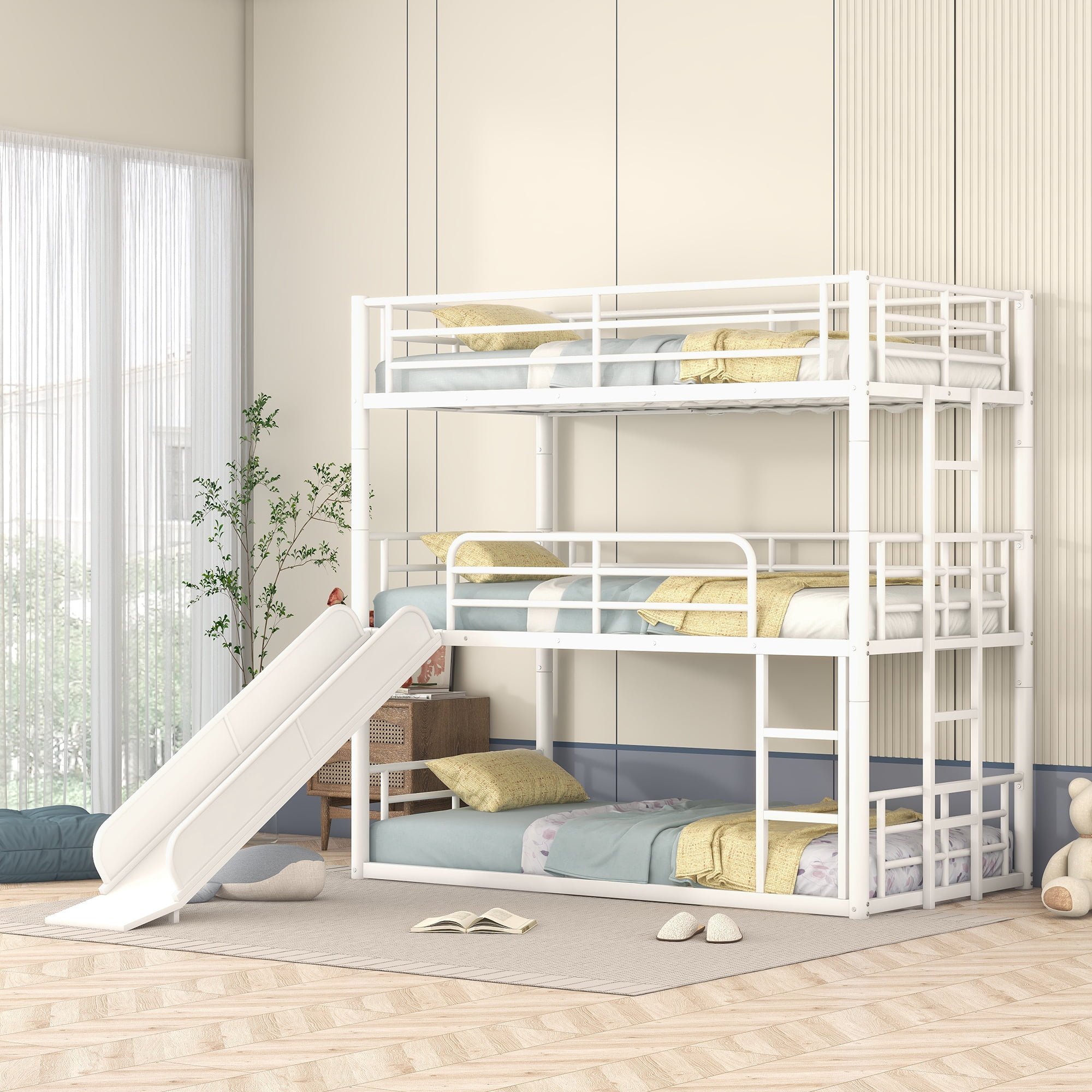 Twin Size Metal Bunk Bed With Ladders And Slide, Divided Into One Platform And Loft Bed
