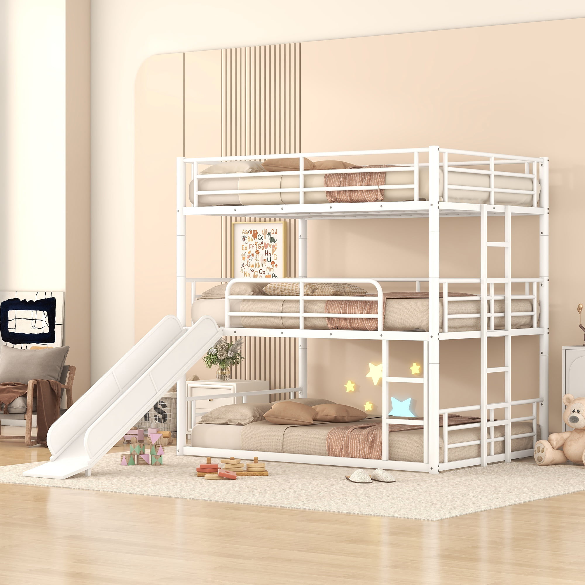 Full Size Metal Bunk Bed With Ladders And Slide, Divided Into One Platform And Loft Bed