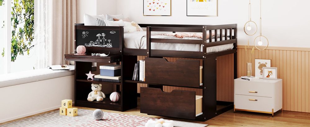 Twin Size Low Loft Bed With Rolling Desk, Shelf And Drawers | Cool Kids Bed