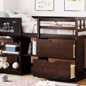 Twin Size Low Loft Bed With Rolling Desk, Shelf And Drawers