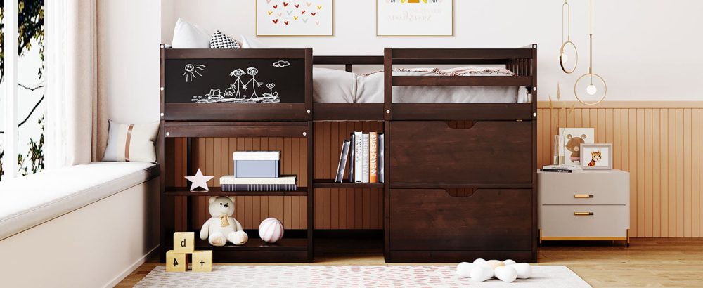 Twin Size Low Loft Bed With Rolling Desk, Shelf And Drawers - Cool Kids Bed