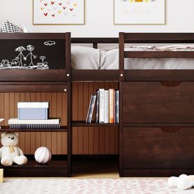 Twin Size Low Loft Bed With Rolling Desk, Shelf And Drawers