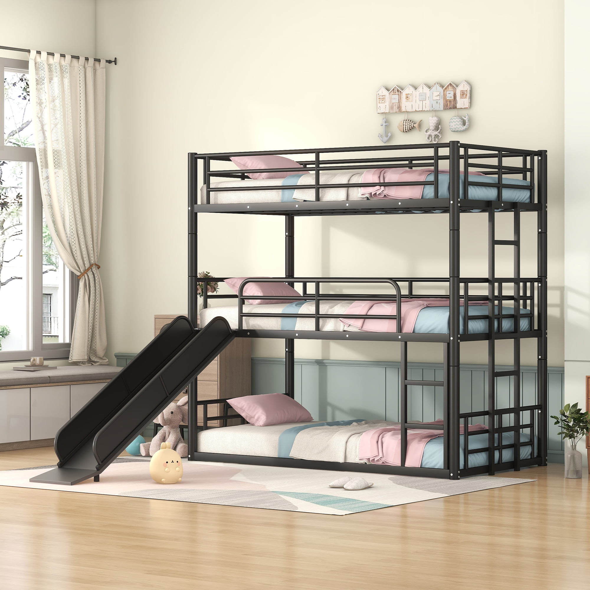 Twin Size Metal Bunk Bed With Ladders And Slide, Divided Into One Platform And Loft Bed