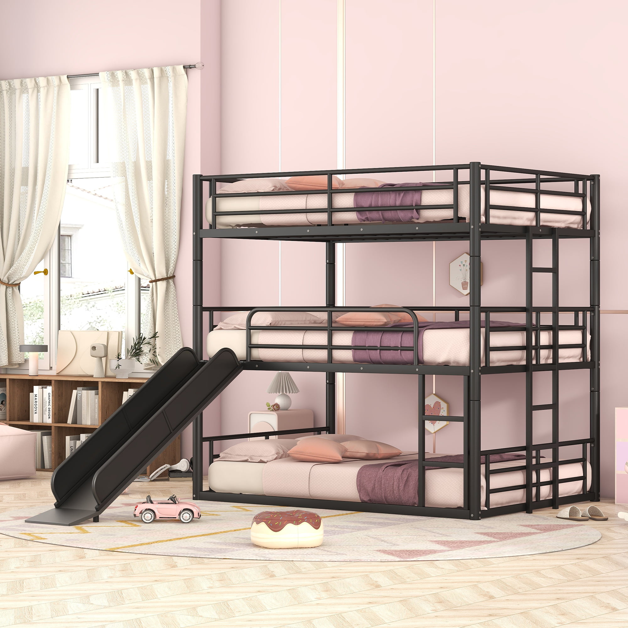 Full Size Metal Bunk Bed With Ladders And Slide, Divided Into One Platform And Loft Bed