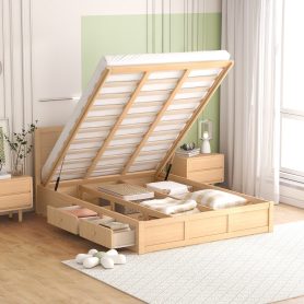 Wood Queen Size Platform Bed With Underneath Storage And 2 Drawers